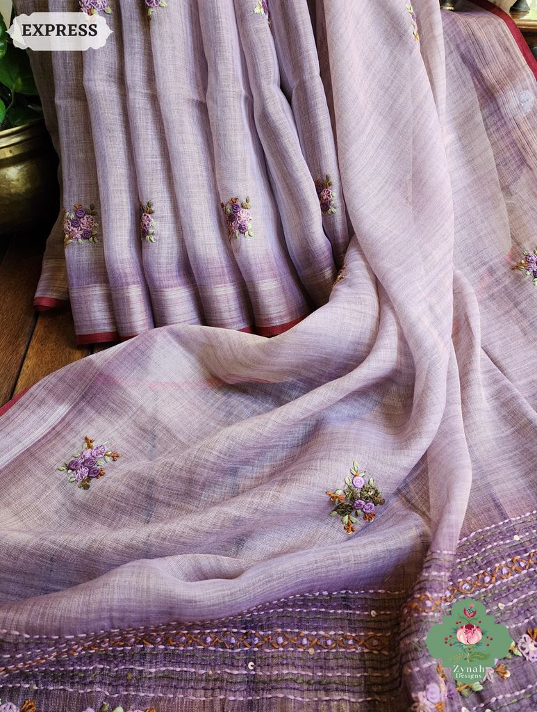 Zynah Lilac Linen Tissue Saree Adorned With French-knot & Kantha Hand Embroidery; Custom Stitched/Ready-made Blouse, Fall, Petticoat; SKU: 1903202509