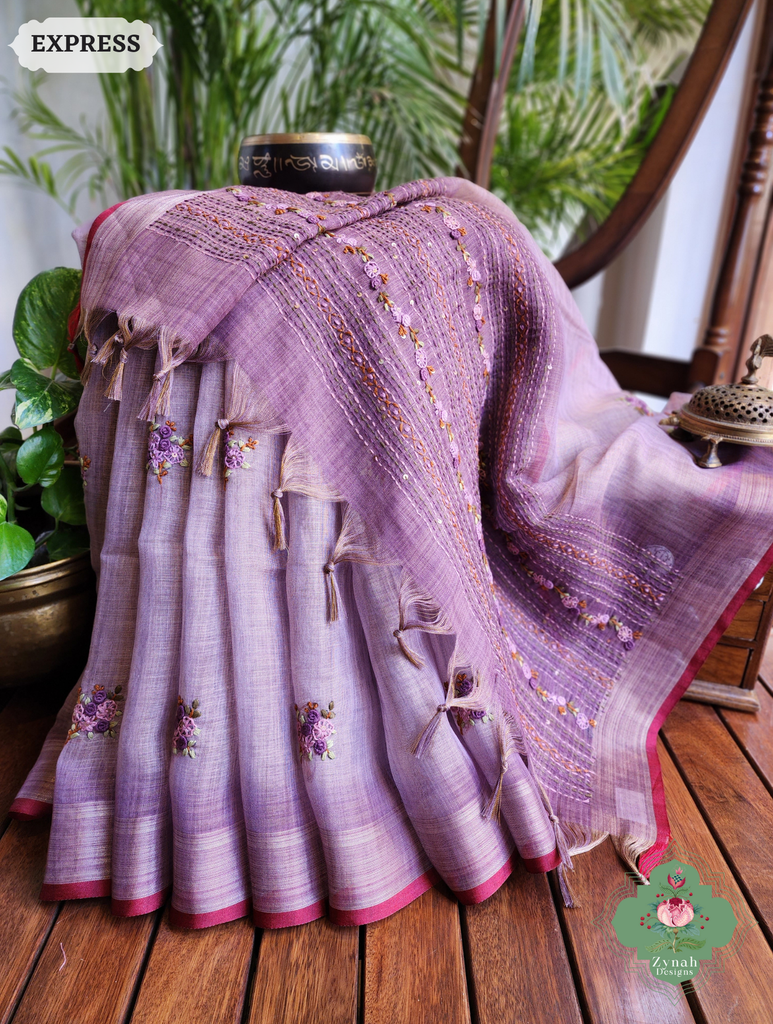 Zynah Lilac Linen Tissue Saree Adorned With French-knot & Kantha Hand Embroidery; Custom Stitched/Ready-made Blouse, Fall, Petticoat; SKU: 1903202509