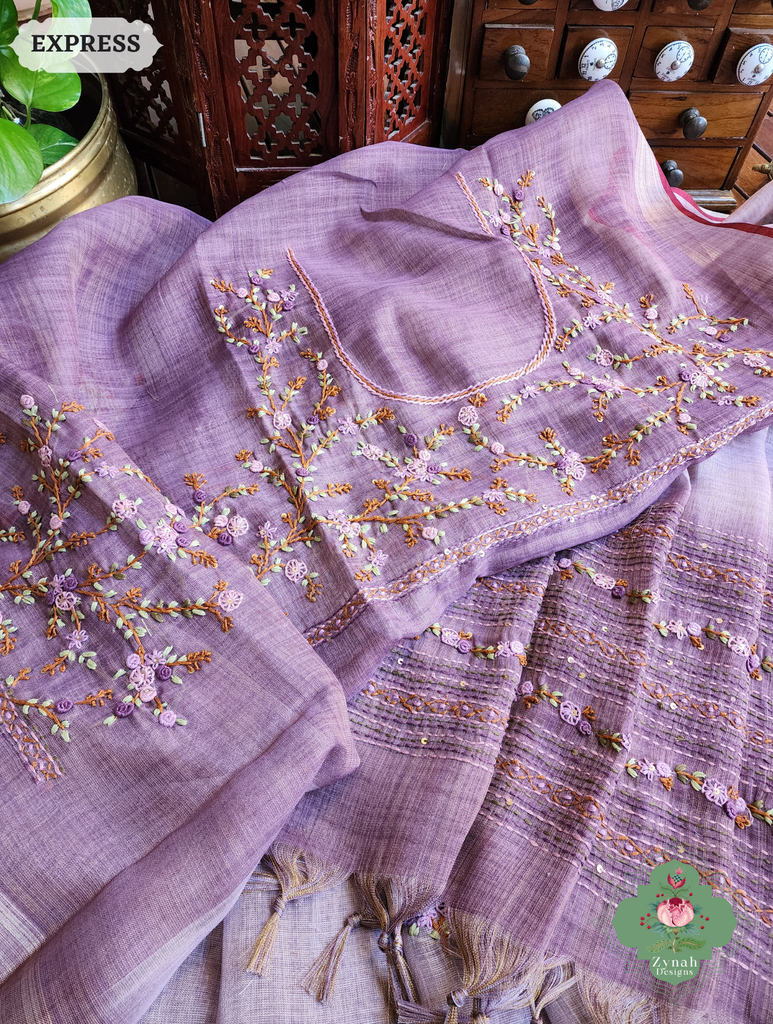 Zynah Lilac Linen Tissue Saree Adorned With French-knot & Kantha Hand Embroidery; Custom Stitched/Ready-made Blouse, Fall, Petticoat; SKU: 1903202509