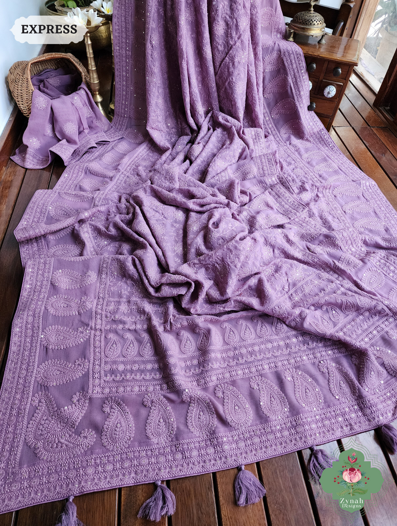 Lilac Pure Georgette Saree with Chikankari Embroidery 10