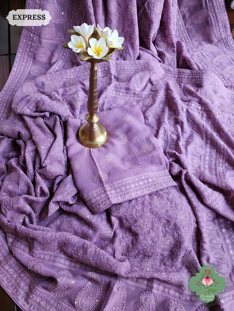 Lilac Pure Georgette Saree with Chikankari Embroidery 11