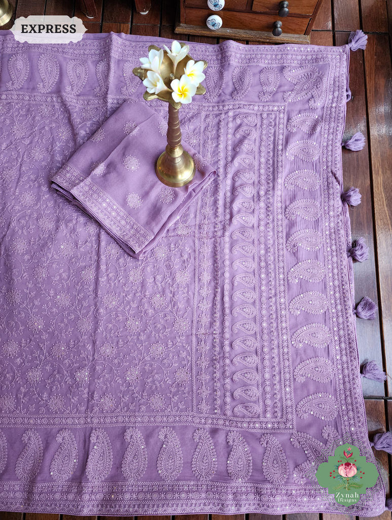 Lilac Pure Georgette Saree with Chikankari Embroidery 12