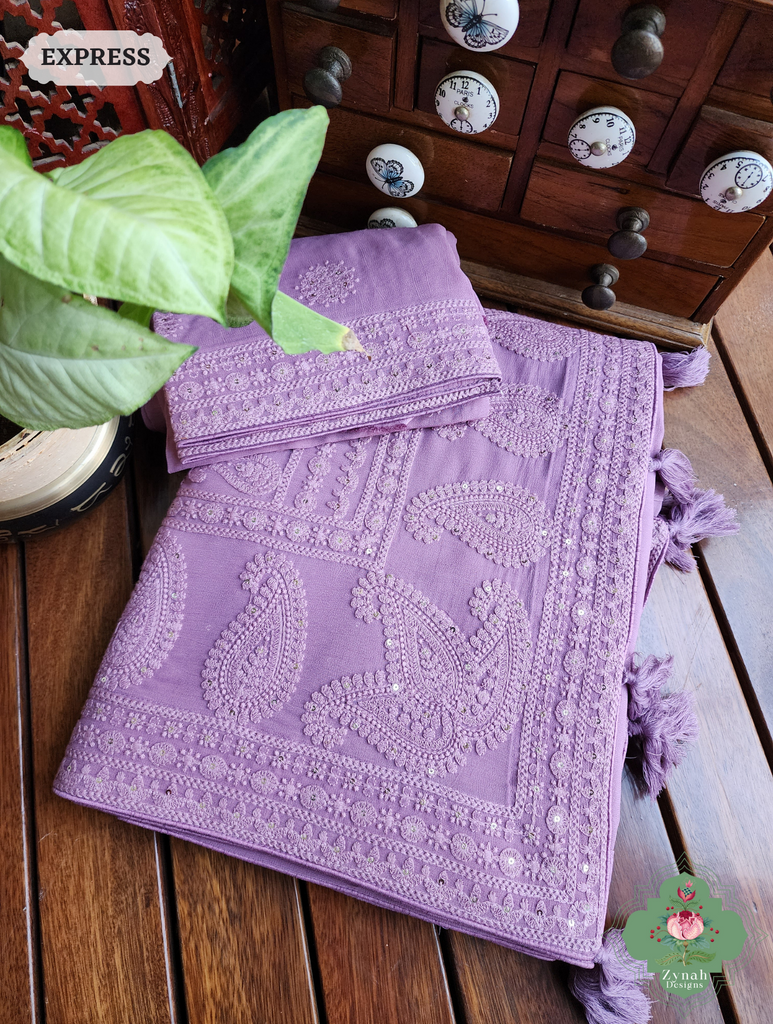Zynah Lilac Pure Georgette Saree with Chikankari Embroidery; Custom Stitched/Ready-made Blouse, Fall, Petticoat; SKU: 2304202401