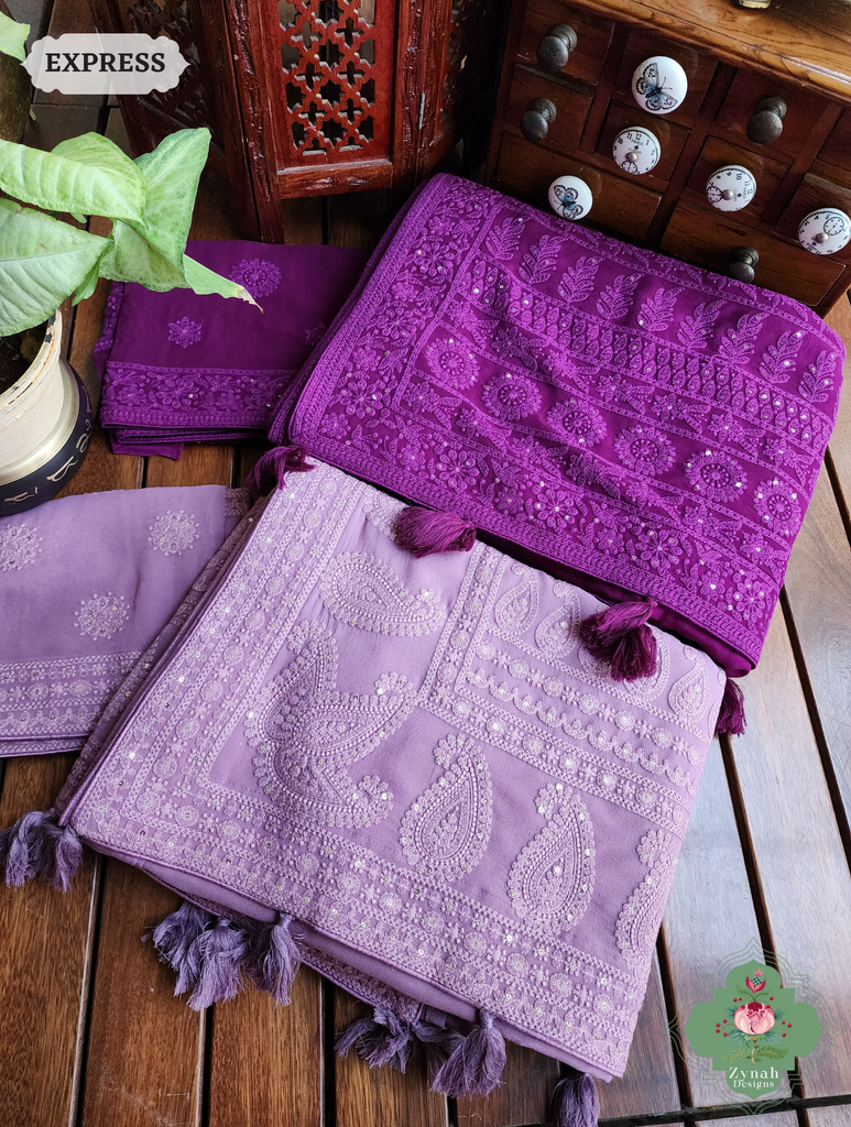 Zynah Lilac Pure Georgette Saree with Chikankari Embroidery; Custom Stitched/Ready-made Blouse, Fall, Petticoat; SKU: 2304202401