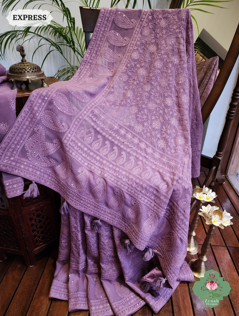 Lilac Pure Georgette Saree with Chikankari Embroidery 3
