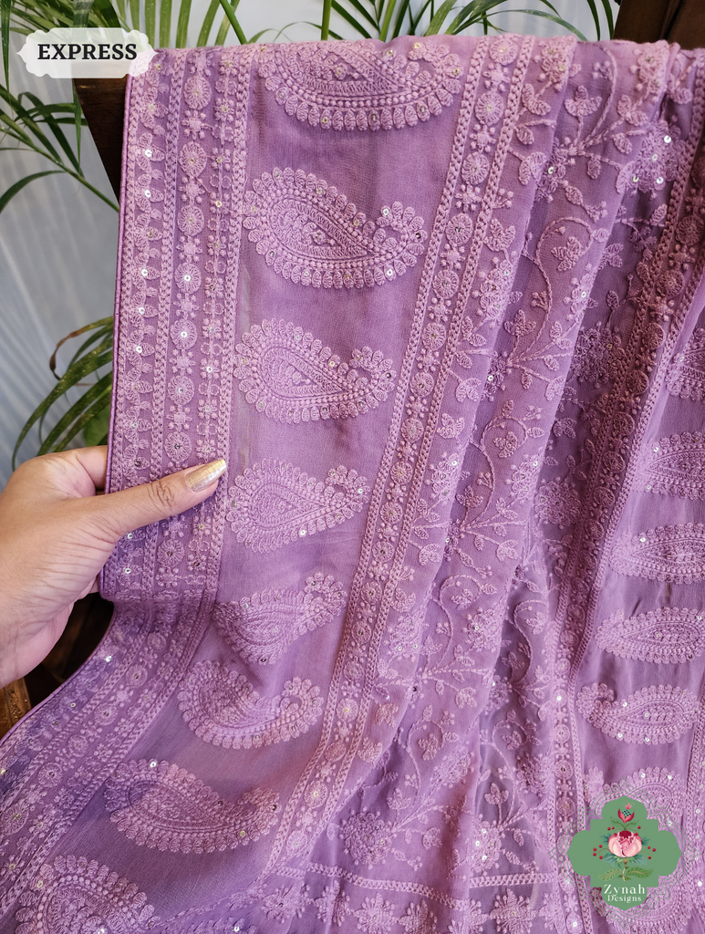 Lilac Pure Georgette Saree with Chikankari Embroidery 5