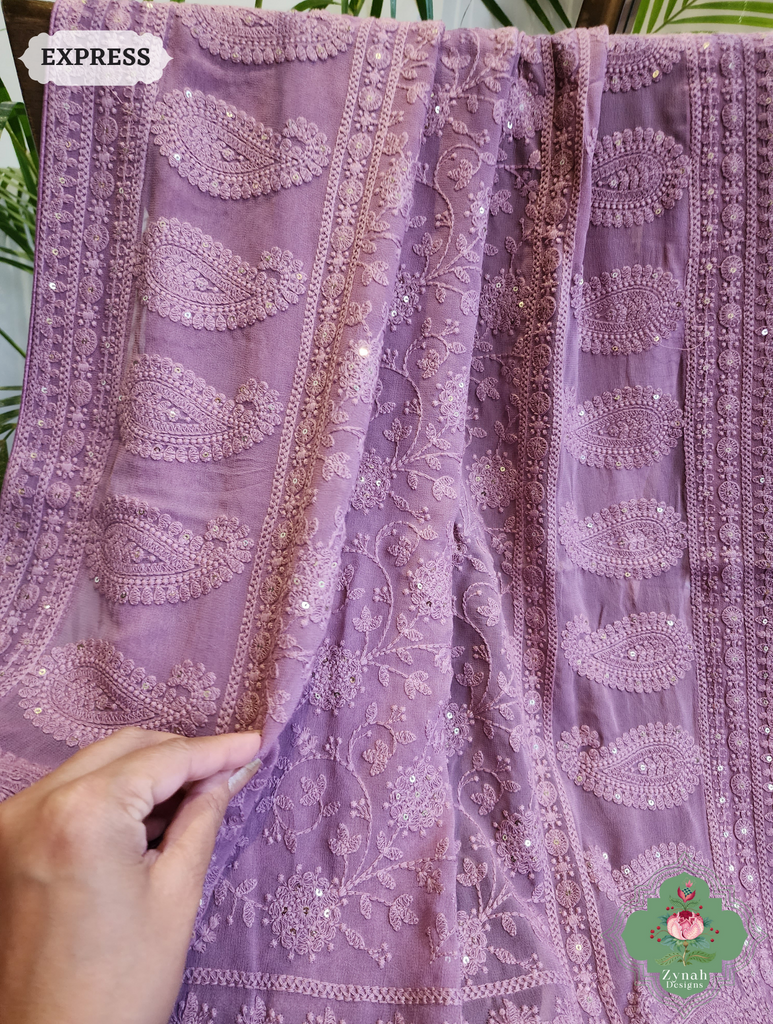 Lilac Pure Georgette Saree with Chikankari Embroidery 7