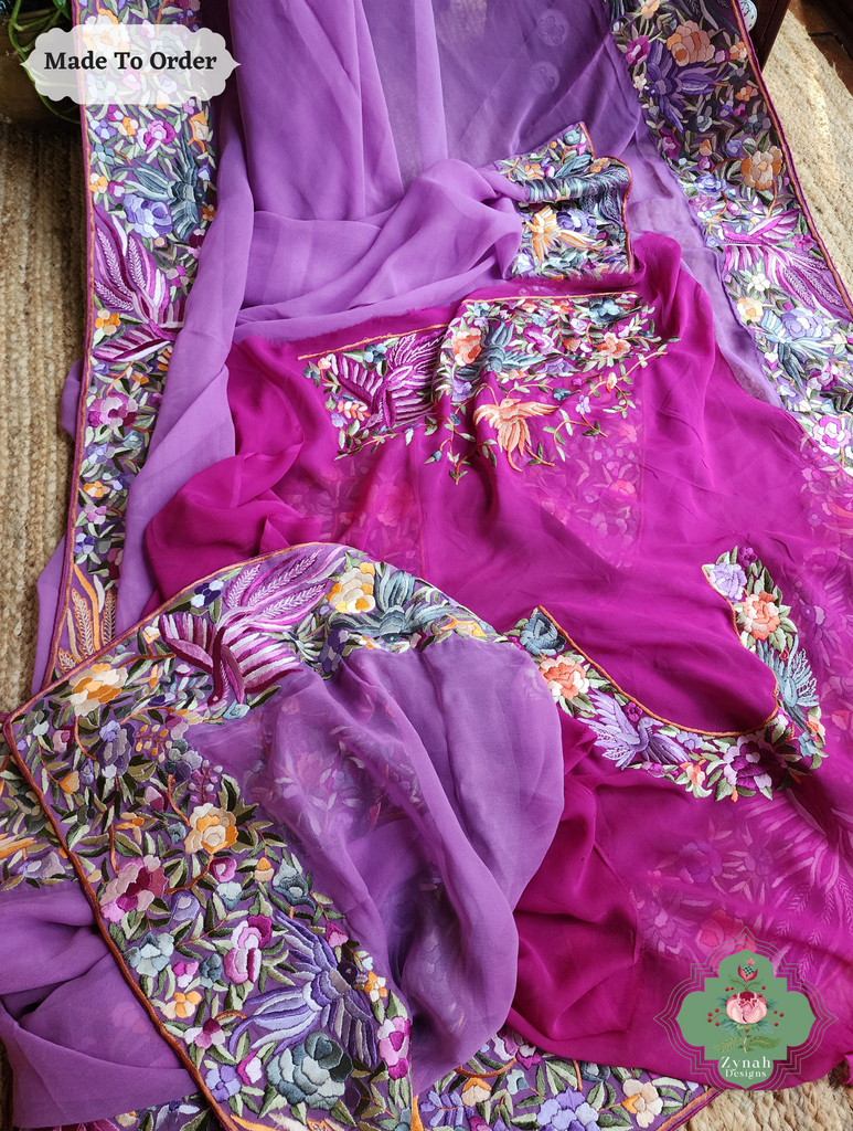 Zynah Made To Order Lilac Georgette Hand Embroidered Authentic Parsi Gara Saree; Custom Stitched/Ready-made Blouse, Fall, Petticoat; SKU: 0207202501
