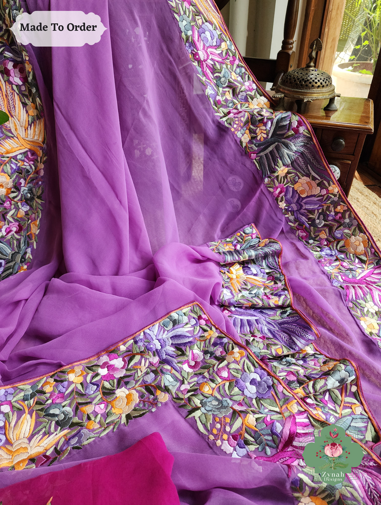 Zynah Made To Order Lilac Georgette Hand Embroidered Authentic Parsi Gara Saree; Custom Stitched/Ready-made Blouse, Fall, Petticoat; SKU: 0207202501
