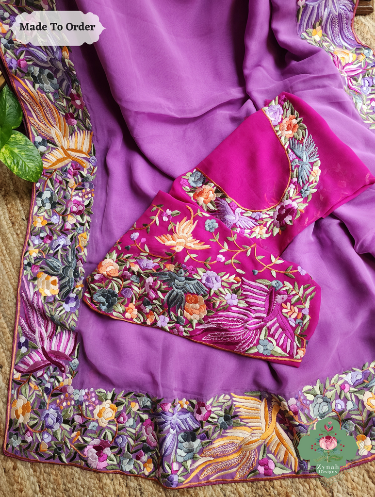 Zynah Made To Order Lilac Georgette Hand Embroidered Authentic Parsi Gara Saree; Custom Stitched/Ready-made Blouse, Fall, Petticoat; SKU: 0207202501
