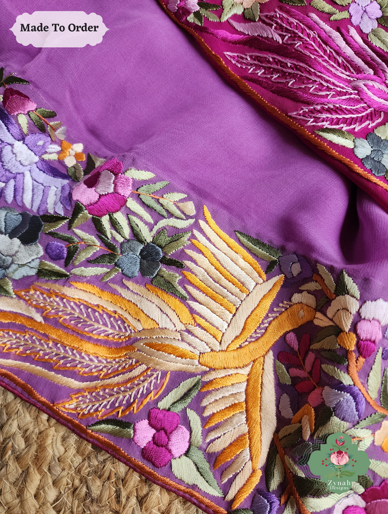 Zynah Made To Order Lilac Georgette Hand Embroidered Authentic Parsi Gara Saree; Custom Stitched/Ready-made Blouse, Fall, Petticoat; SKU: 0207202501