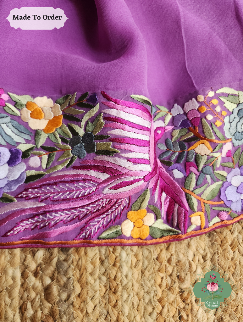 Zynah Made To Order Lilac Georgette Hand Embroidered Authentic Parsi Gara Saree; Custom Stitched/Ready-made Blouse, Fall, Petticoat; SKU: 0207202501