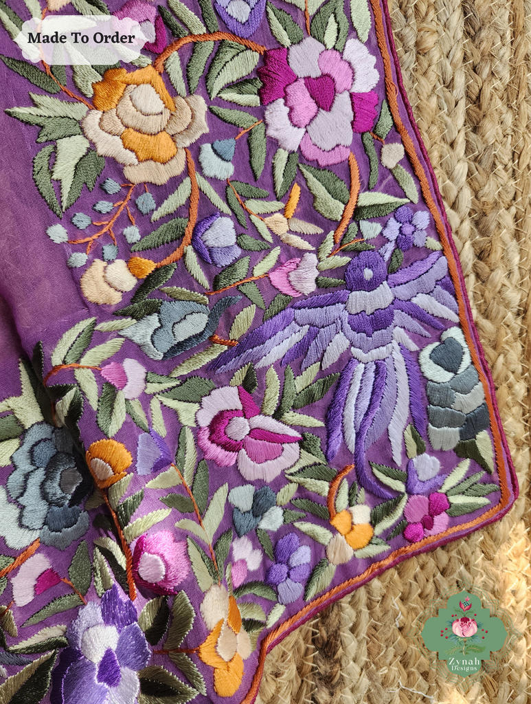 Zynah Made To Order Lilac Georgette Hand Embroidered Authentic Parsi Gara Saree; Custom Stitched/Ready-made Blouse, Fall, Petticoat; SKU: 0207202501