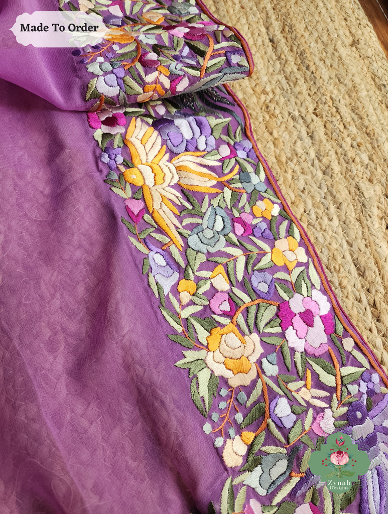 Zynah Made To Order Lilac Georgette Hand Embroidered Authentic Parsi Gara Saree; Custom Stitched/Ready-made Blouse, Fall, Petticoat; SKU: 0207202501