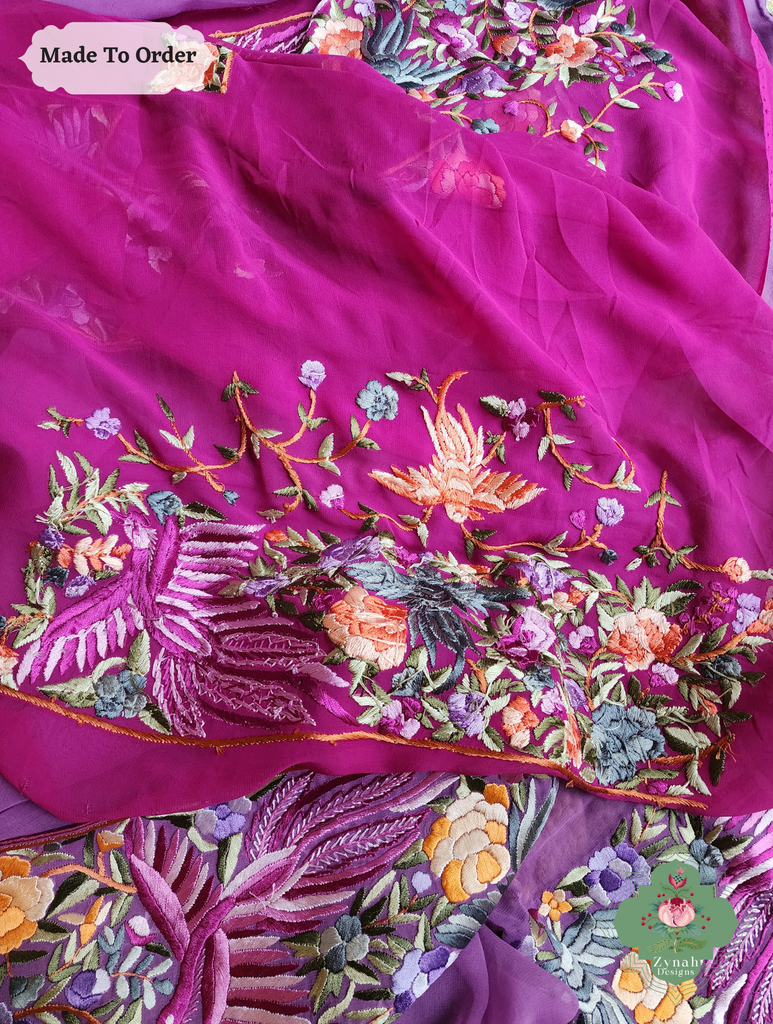 Zynah Made To Order Lilac Georgette Hand Embroidered Authentic Parsi Gara Saree; Custom Stitched/Ready-made Blouse, Fall, Petticoat; SKU: 0207202501