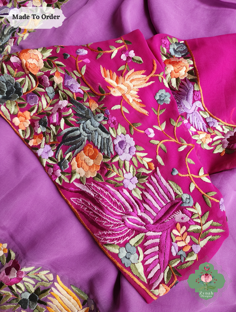 Zynah Made To Order Lilac Georgette Hand Embroidered Authentic Parsi Gara Saree; Custom Stitched/Ready-made Blouse, Fall, Petticoat; SKU: 0207202501
