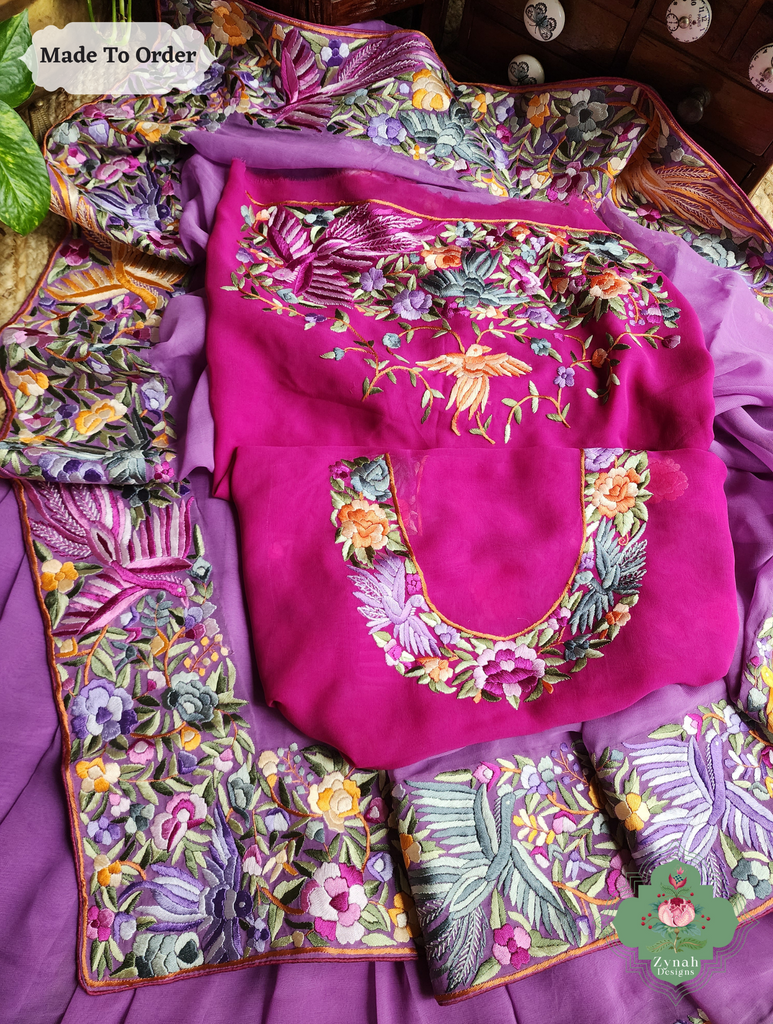Zynah Made To Order Lilac Georgette Hand Embroidered Authentic Parsi Gara Saree; Custom Stitched/Ready-made Blouse, Fall, Petticoat; SKU: 0207202501