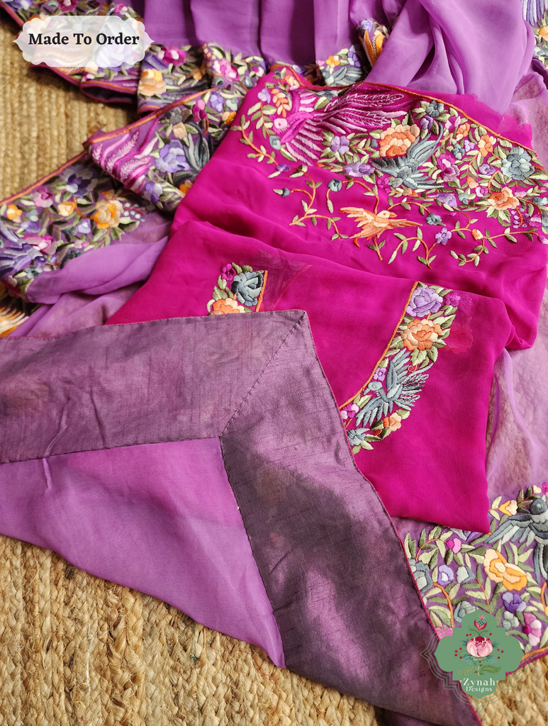 Zynah Made To Order Lilac Georgette Hand Embroidered Authentic Parsi Gara Saree; Custom Stitched/Ready-made Blouse, Fall, Petticoat; SKU: 0207202501