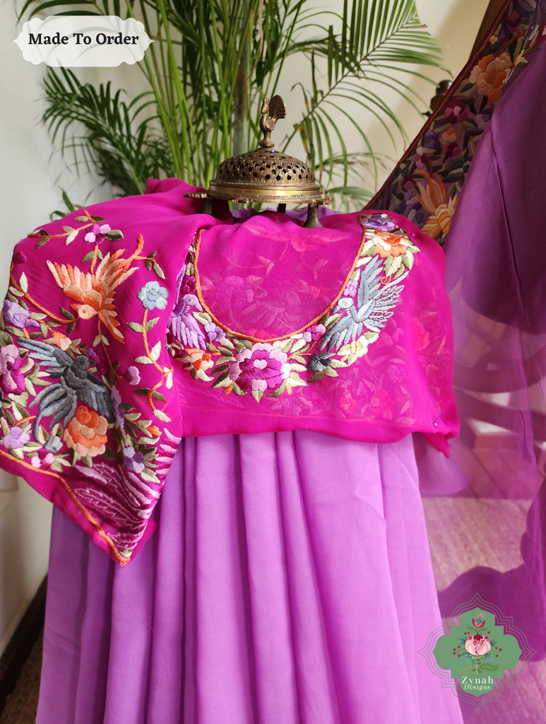 Zynah Made To Order Lilac Georgette Hand Embroidered Authentic Parsi Gara Saree; Custom Stitched/Ready-made Blouse, Fall, Petticoat; SKU: 0207202501