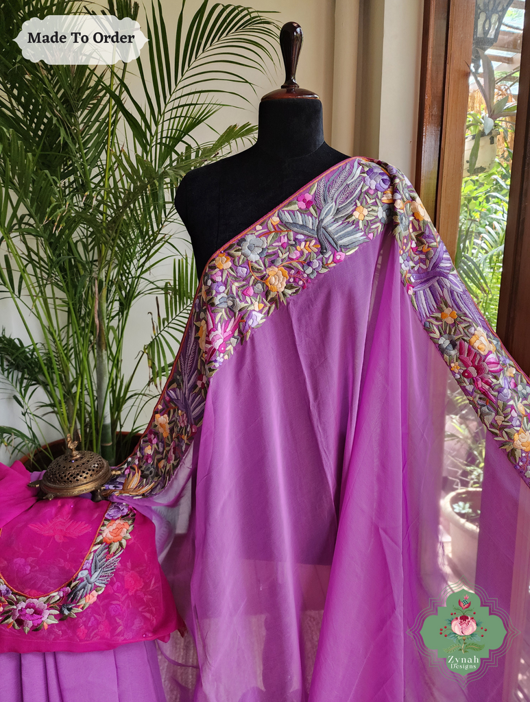 Zynah Made To Order Lilac Georgette Hand Embroidered Authentic Parsi Gara Saree; Custom Stitched/Ready-made Blouse, Fall, Petticoat; SKU: 0207202501