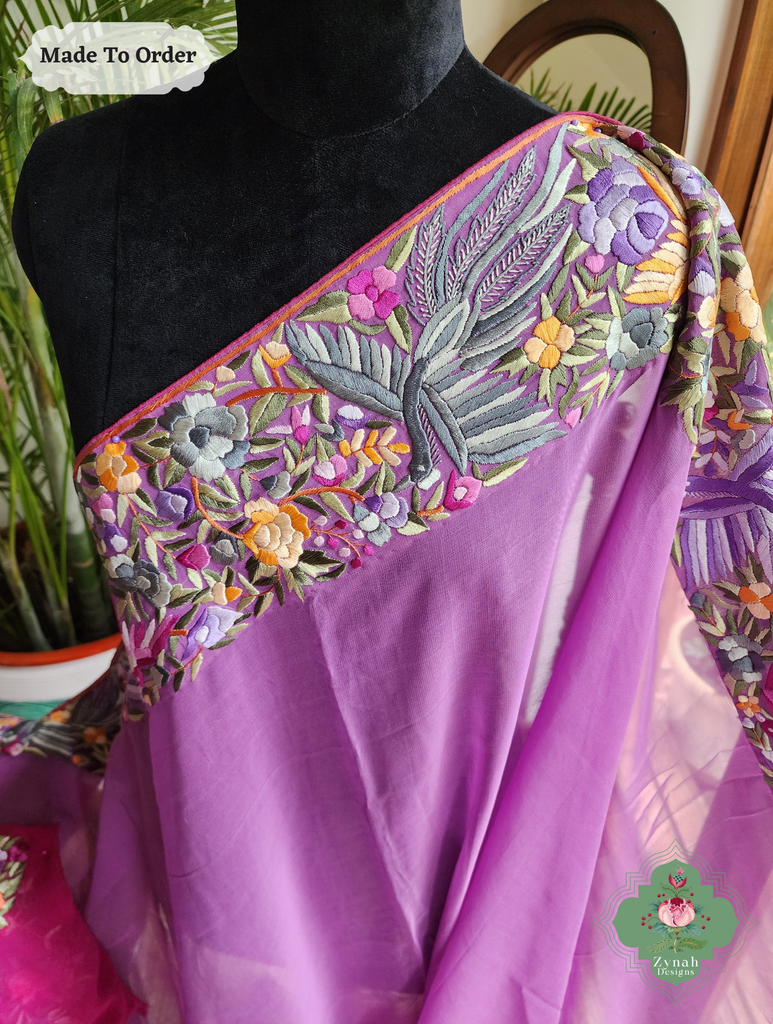 Zynah Made To Order Lilac Georgette Hand Embroidered Authentic Parsi Gara Saree; Custom Stitched/Ready-made Blouse, Fall, Petticoat; SKU: 0207202501