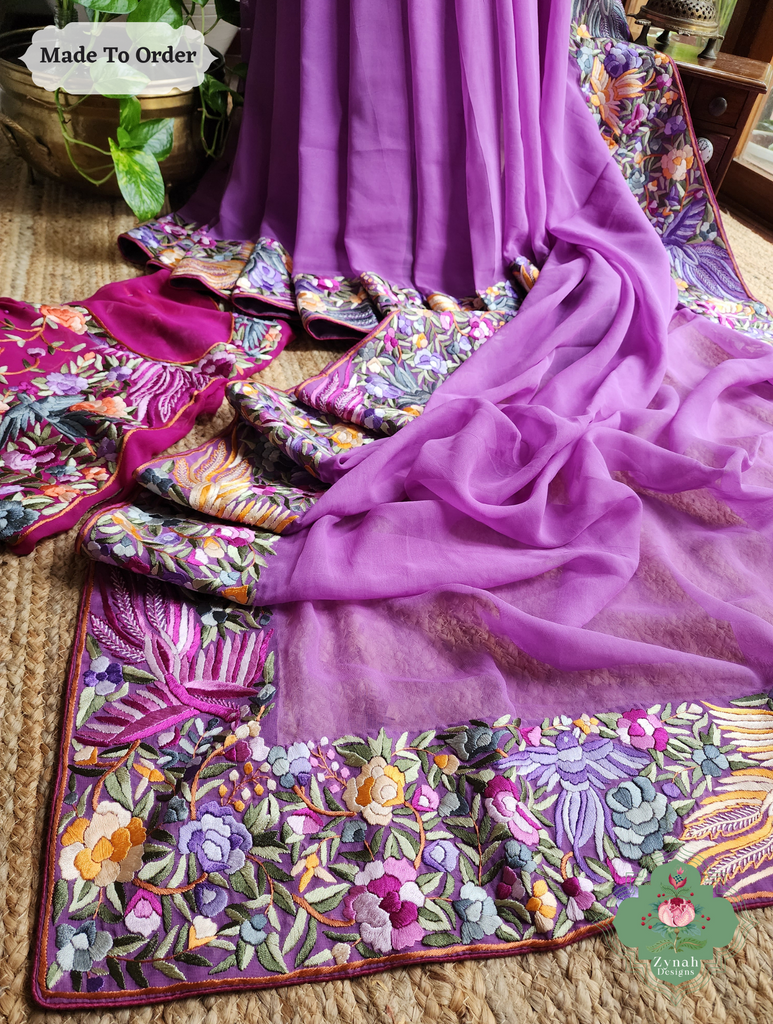 Zynah Made To Order Lilac Georgette Hand Embroidered Authentic Parsi Gara Saree; Custom Stitched/Ready-made Blouse, Fall, Petticoat; SKU: 0207202501