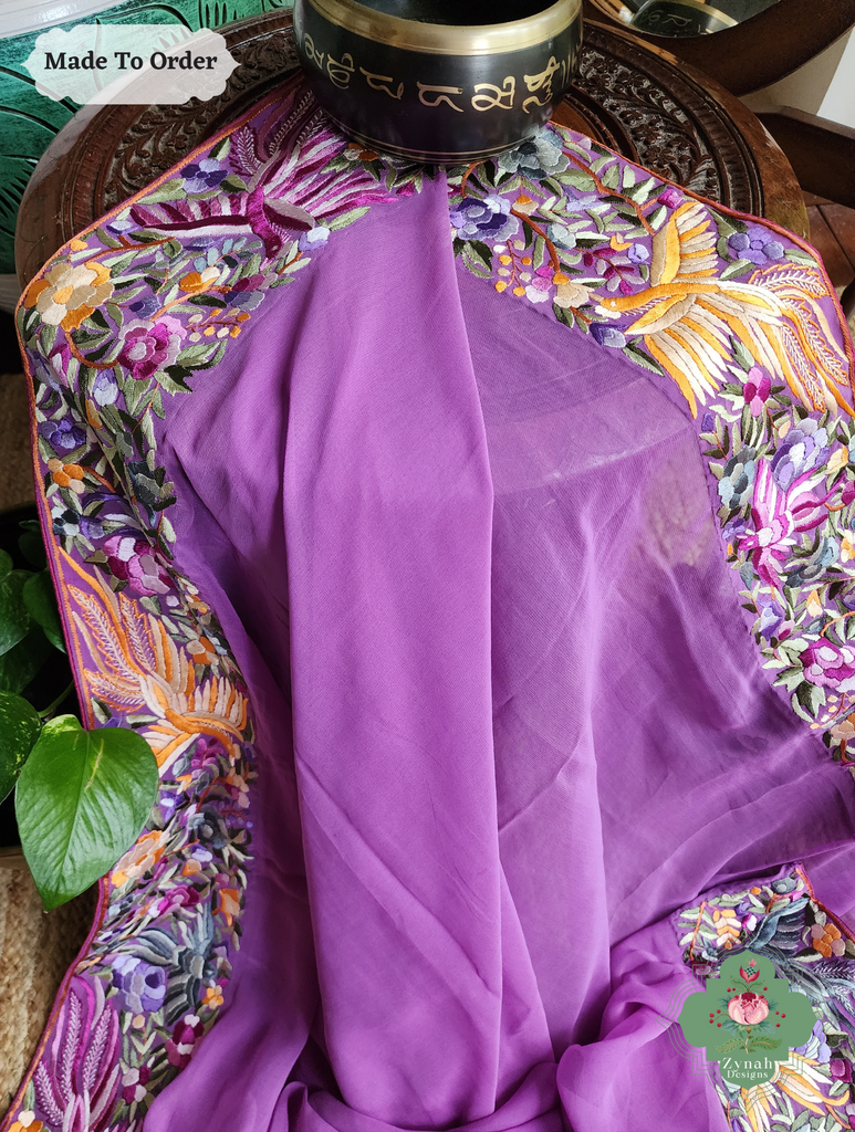 Zynah Made To Order Lilac Georgette Hand Embroidered Authentic Parsi Gara Saree; Custom Stitched/Ready-made Blouse, Fall, Petticoat; SKU: 0207202501