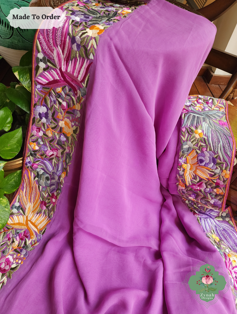 Zynah Made To Order Lilac Georgette Hand Embroidered Authentic Parsi Gara Saree; Custom Stitched/Ready-made Blouse, Fall, Petticoat; SKU: 0207202501
