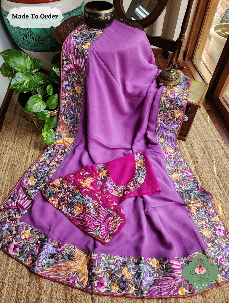 Zynah Made To Order Lilac Georgette Hand Embroidered Authentic Parsi Gara Saree; Custom Stitched/Ready-made Blouse, Fall, Petticoat; SKU: 0207202501