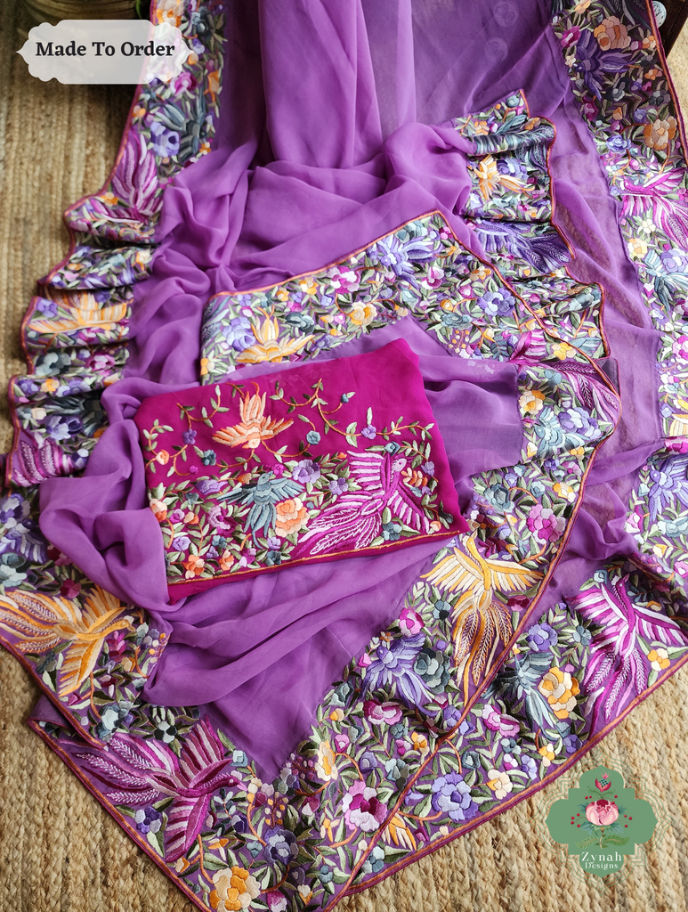 Zynah Made To Order Lilac Georgette Hand Embroidered Authentic Parsi Gara Saree; Custom Stitched/Ready-made Blouse, Fall, Petticoat; SKU: 0207202501