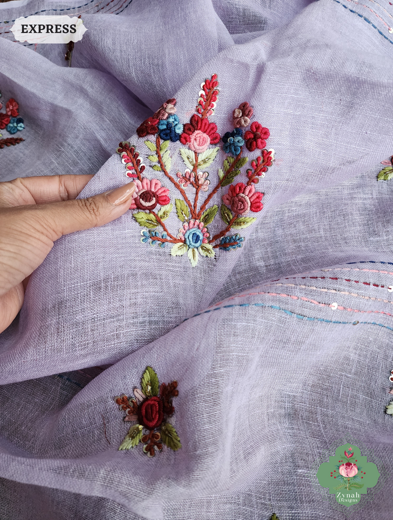 Lilac Organic Linen Saree With Frenchknot Hand Embroidery 10