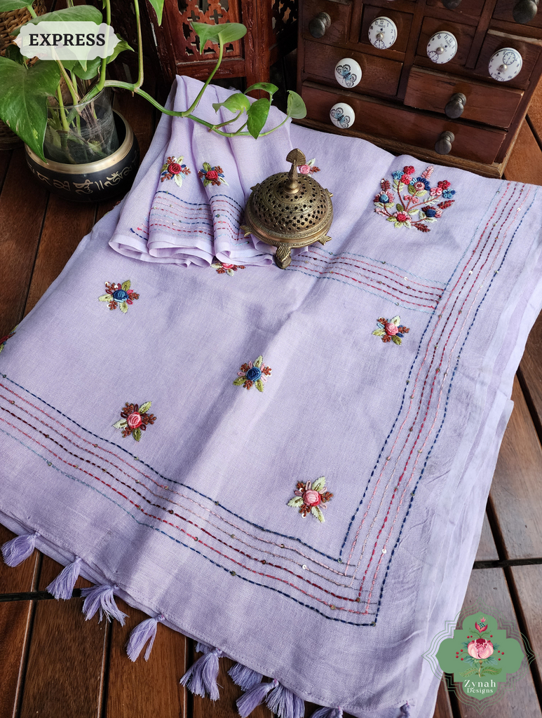 Lilac Organic Linen Saree With Frenchknot Hand Embroidery 11