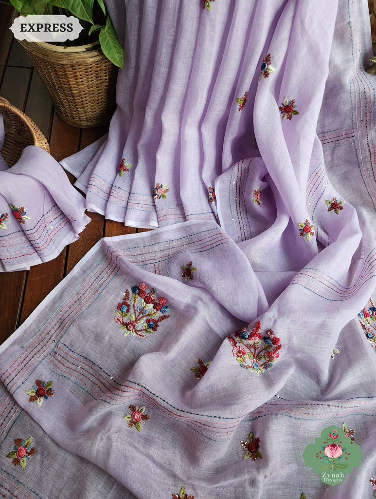 Lilac Organic Linen Saree With Frenchknot Hand Embroidery 3