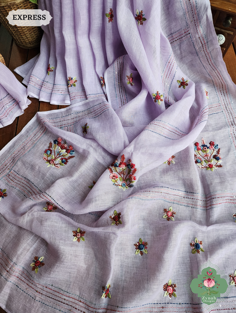 Lilac Organic Linen Saree With Frenchknot Hand Embroidery 4