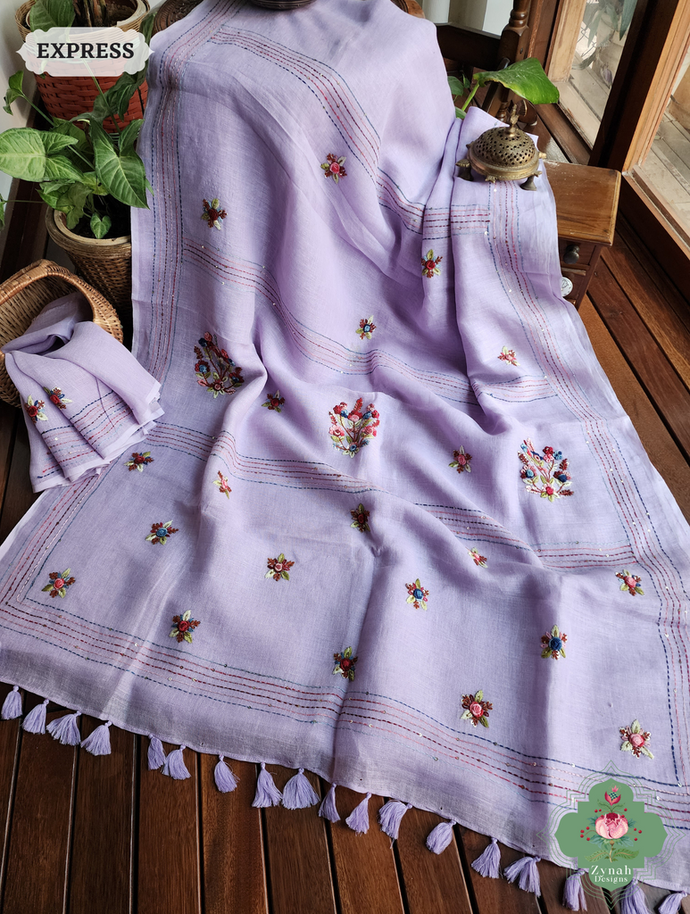 Lilac Organic Linen Saree With Frenchknot Hand Embroidery 6