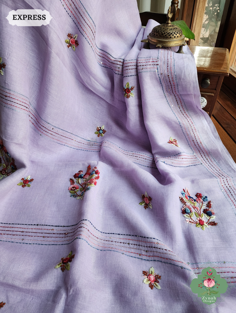 Lilac Organic Linen Saree With Frenchknot Hand Embroidery 7
