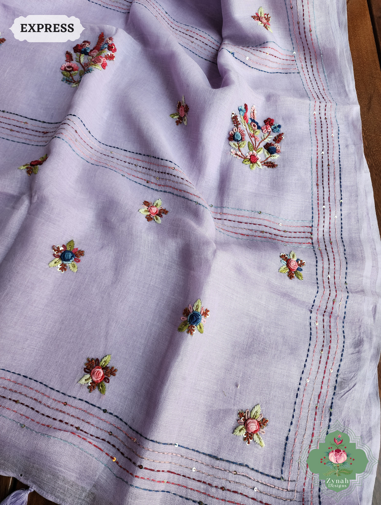 Lilac Organic Linen Saree With Frenchknot Hand Embroidery 8