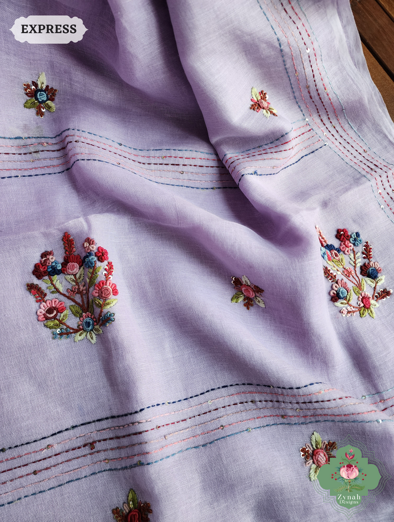 Lilac Organic Linen Saree With Frenchknot Hand Embroidery 9