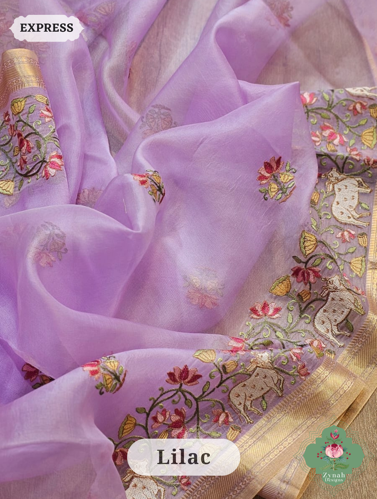 Zynah Off White Pure Organza Silk Saree With Pichwai Embroidery & Multicolor Tassels On Pallu; Custom Stitched/Ready-made Blouse, Fall, Petticoat; SKU: 2711202303