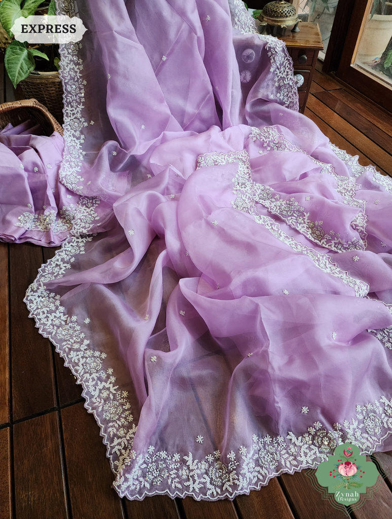 Zynah Lilac Organza Silk Saree With Pearls, Cutdana & Sequins Hand Embellishments; Custom Stitched/Ready-made Blouse, Fall, Petticoat; SKU: 2711202404