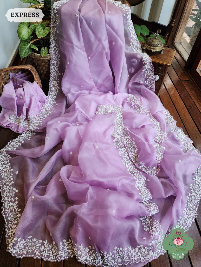 Zynah Lilac Organza Silk Saree With Pearls, Cutdana & Sequins Hand Embellishments; Custom Stitched/Ready-made Blouse, Fall, Petticoat; SKU: 2711202404