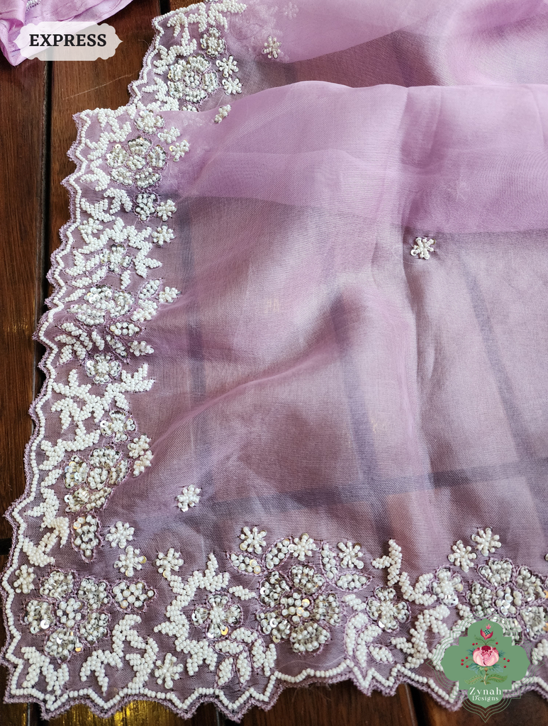 Zynah Lilac Organza Silk Saree With Pearls, Cutdana & Sequins Hand Embellishments; Custom Stitched/Ready-made Blouse, Fall, Petticoat; SKU: 2711202404