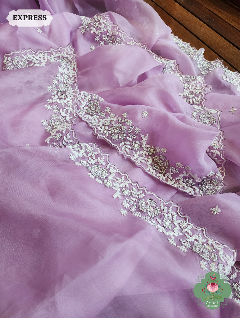 Zynah Lilac Organza Silk Saree With Pearls, Cutdana & Sequins Hand Embellishments; Custom Stitched/Ready-made Blouse, Fall, Petticoat; SKU: 2711202404