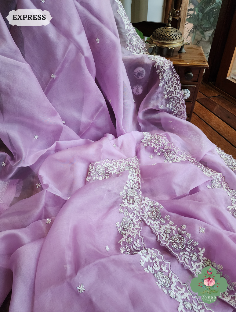 Zynah Lilac Organza Silk Saree With Pearls, Cutdana & Sequins Hand Embellishments; Custom Stitched/Ready-made Blouse, Fall, Petticoat; SKU: 2711202404