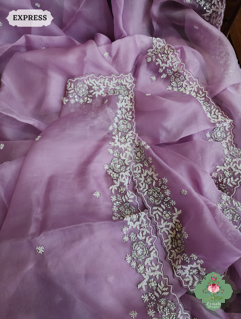 Zynah Lilac Organza Silk Saree With Pearls, Cutdana & Sequins Hand Embellishments; Custom Stitched/Ready-made Blouse, Fall, Petticoat; SKU: 2711202404