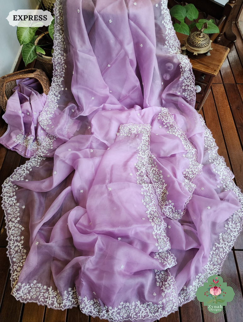 Zynah Lilac Organza Silk Saree With Pearls, Cutdana & Sequins Hand Embellishments; Custom Stitched/Ready-made Blouse, Fall, Petticoat; SKU: 2711202404