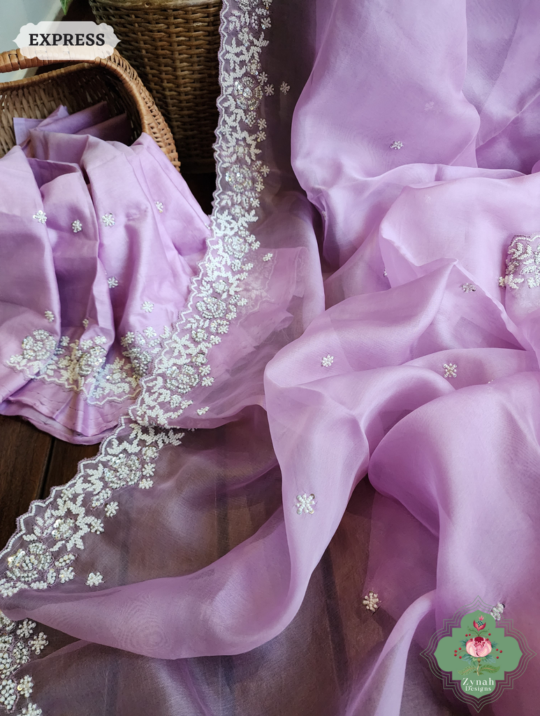 Zynah Lilac Organza Silk Saree With Pearls, Cutdana & Sequins Hand Embellishments; Custom Stitched/Ready-made Blouse, Fall, Petticoat; SKU: 2711202404