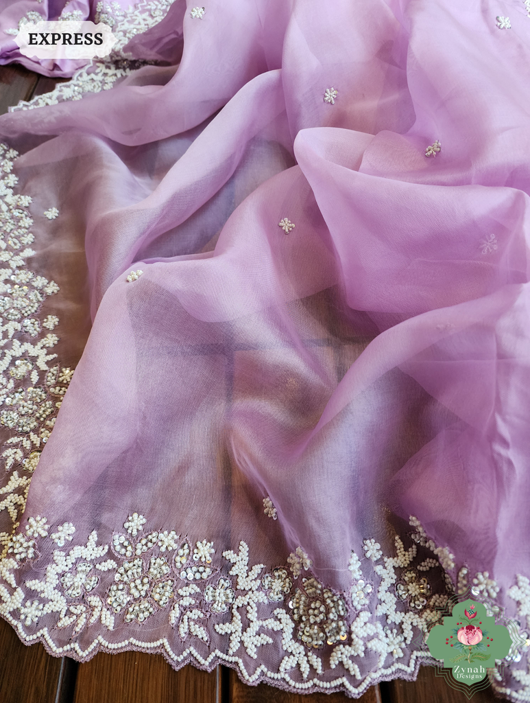 Zynah Lilac Organza Silk Saree With Pearls, Cutdana & Sequins Hand Embellishments; Custom Stitched/Ready-made Blouse, Fall, Petticoat; SKU: 2711202404