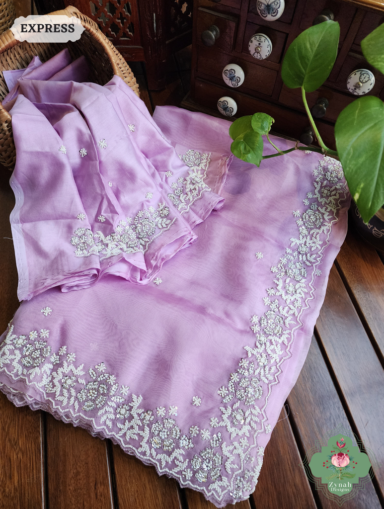 Zynah Lilac Organza Silk Saree With Pearls, Cutdana & Sequins Hand Embellishments; Custom Stitched/Ready-made Blouse, Fall, Petticoat; SKU: 2711202404