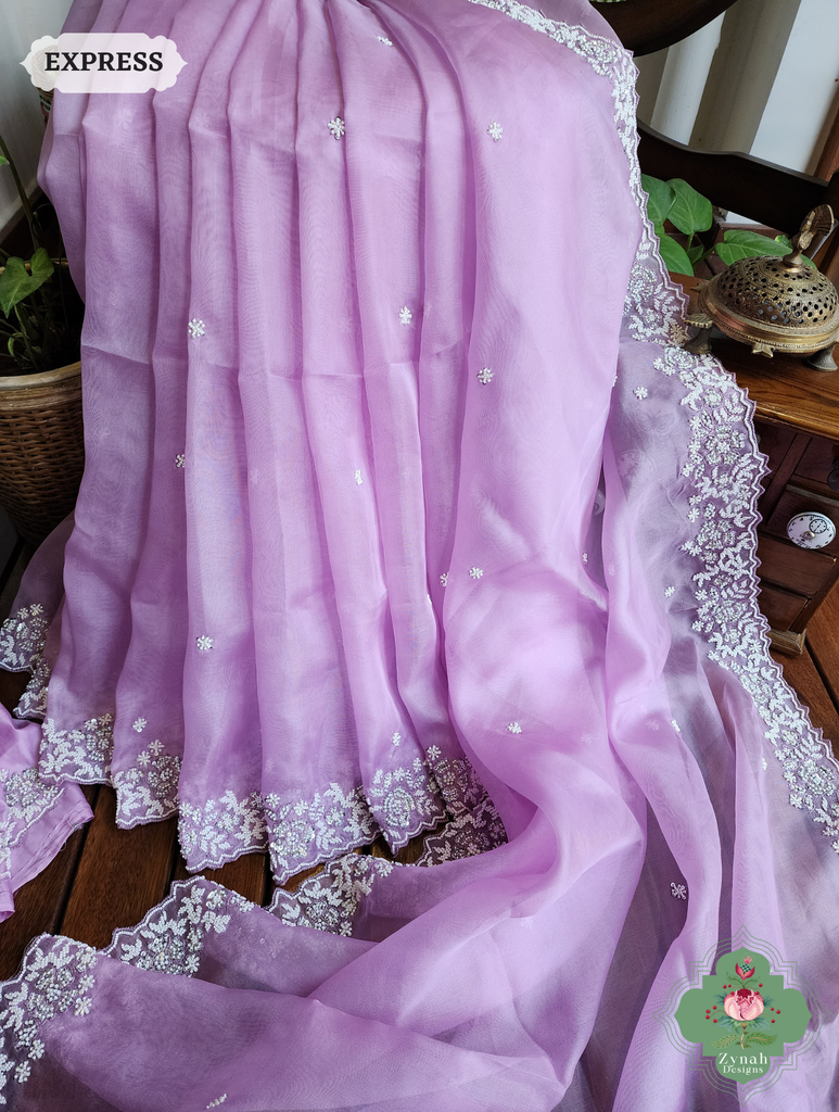 Zynah Lilac Organza Silk Saree With Pearls, Cutdana & Sequins Hand Embellishments; Custom Stitched/Ready-made Blouse, Fall, Petticoat; SKU: 2711202404